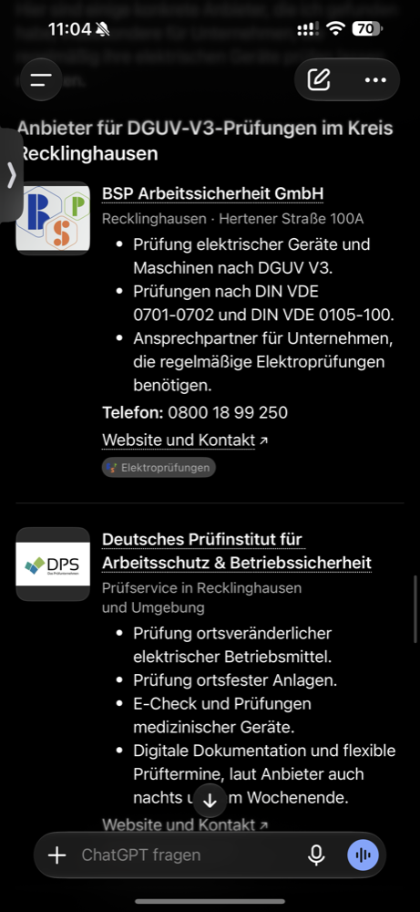 Bildschirmfoto ChatGPT-Antwort vom 4. Oktober 2026, 11:02 Uhr, auf die Frage nach DGUV-V3-Pruefung im Kreis Recklinghausen