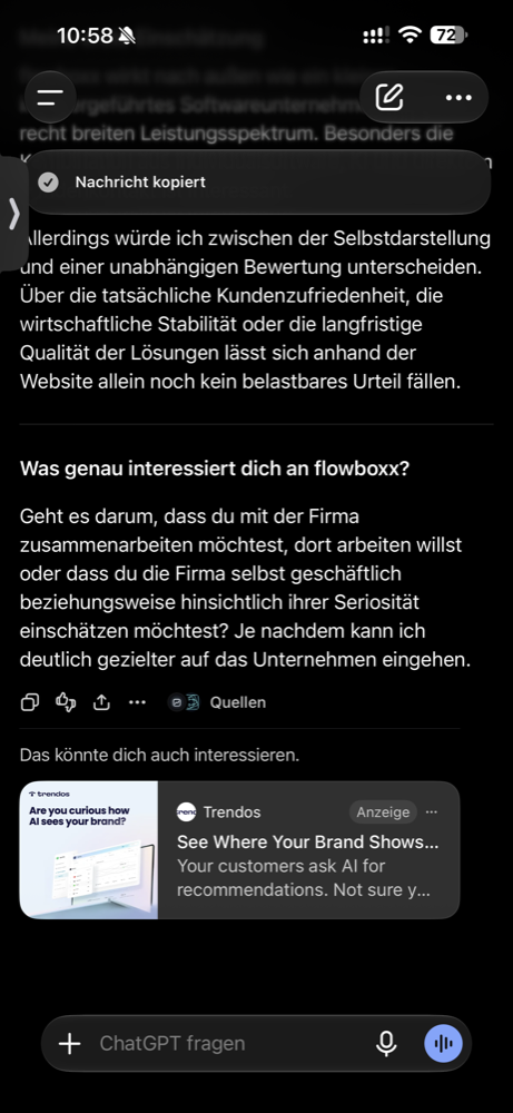 Bildschirmfoto ChatGPT-Antwort vom 4. Oktober 2026, 10:58 Uhr, auf die Frage kennst du flowboxx