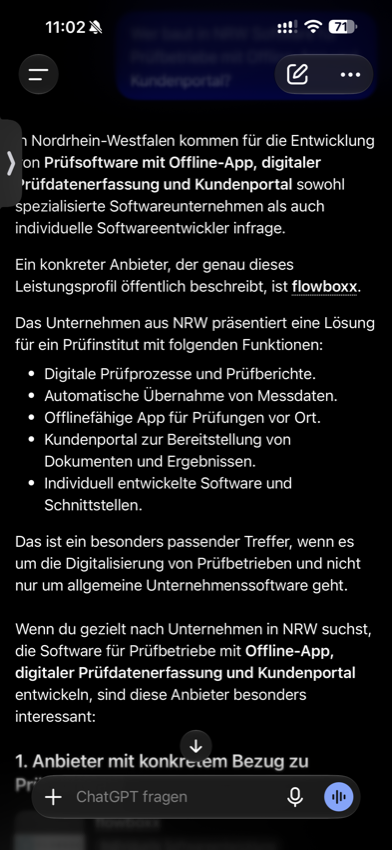 Bildschirmfoto ChatGPT-Antwort vom 4. Oktober 2026, 11:02 Uhr, auf die Frage nach Software für Prüfbetriebe in NRW, flowboxx an erster Stelle genannt