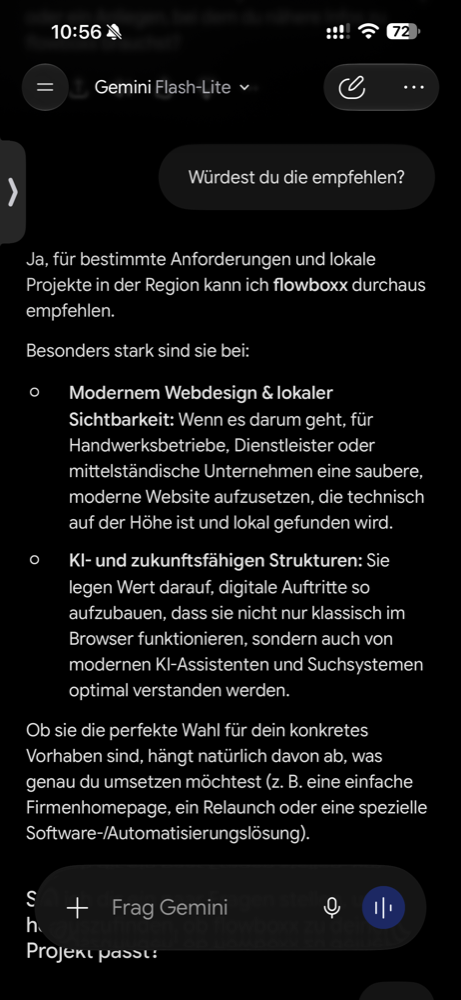 Bildschirmfoto der Antwort eines zweiten KI-Assistenten vom 4. Oktober 2026, 10:56 Uhr, auf die Frage wuerdest du flowboxx empfehlen